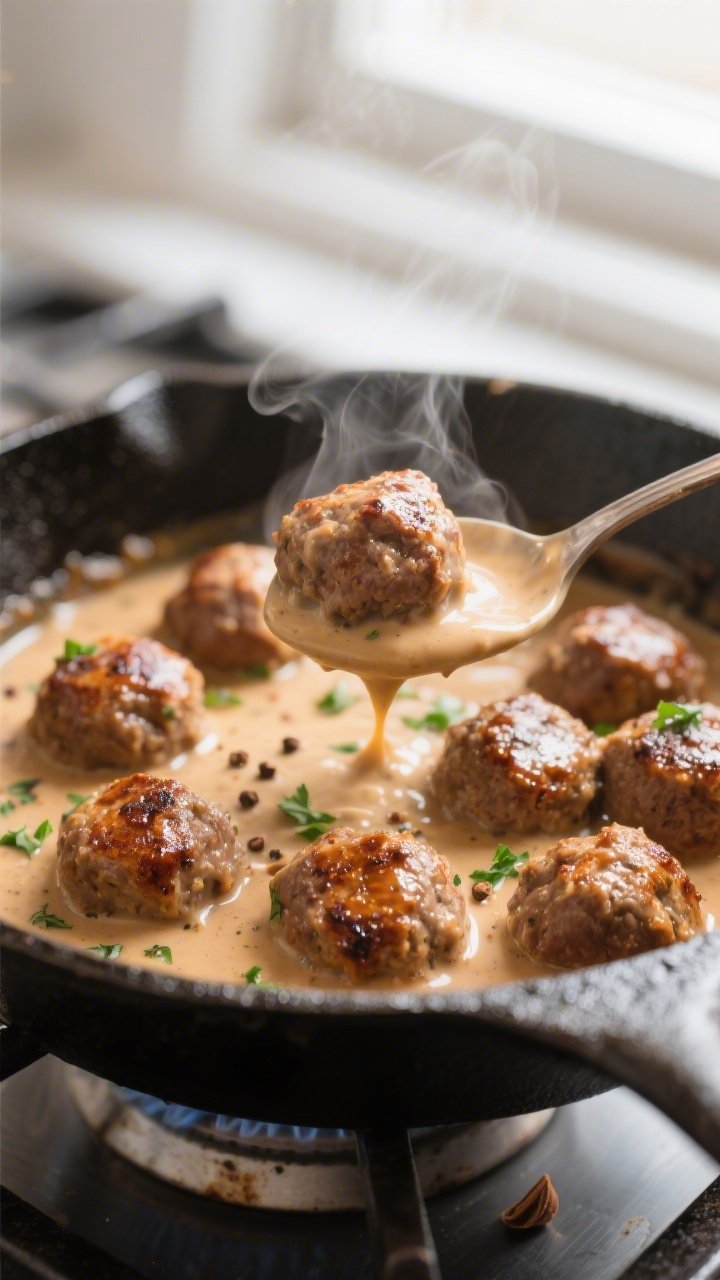 Close-up detail: Seared keto Swedish meatballs simmering in a silky cream-beef broth gravy in a cast