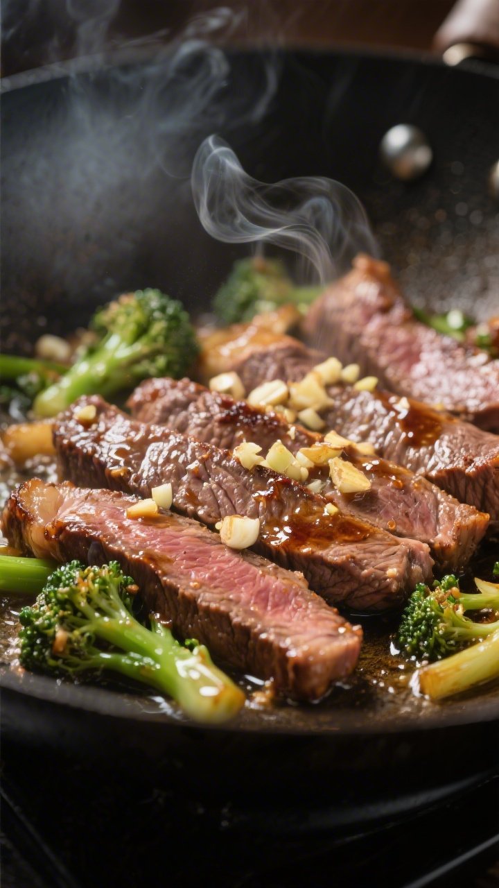 Close-up detail: Searing beef for Better Than Takeout Beef & Broccoli Stir Fry in a wok, thin slices