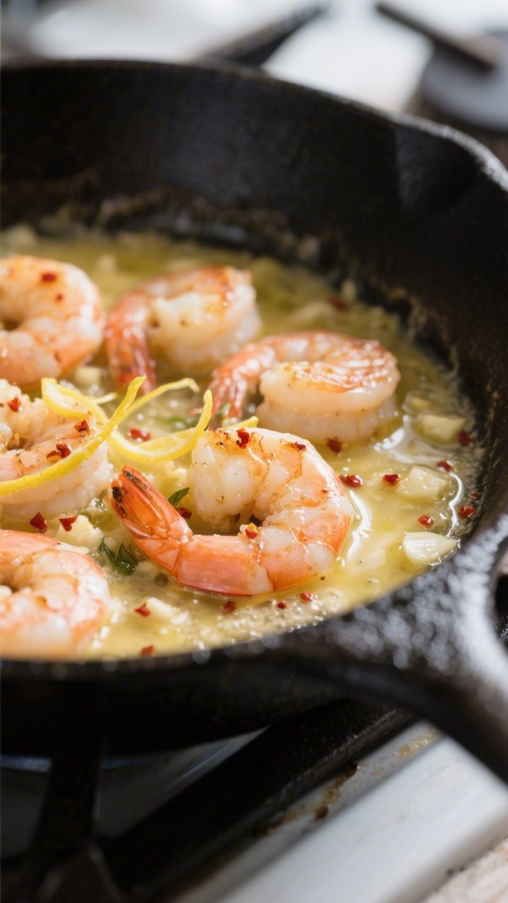 Close-up detail: Searing lemon-garlic butter shrimp in a black cast-iron skillet, shrimp just turned