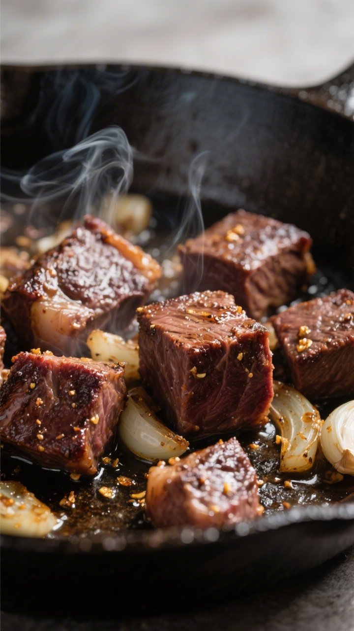 Close-up detail: Searing seasoned beef chuck cubes in a skillet, rich mahogany crust with visible br
