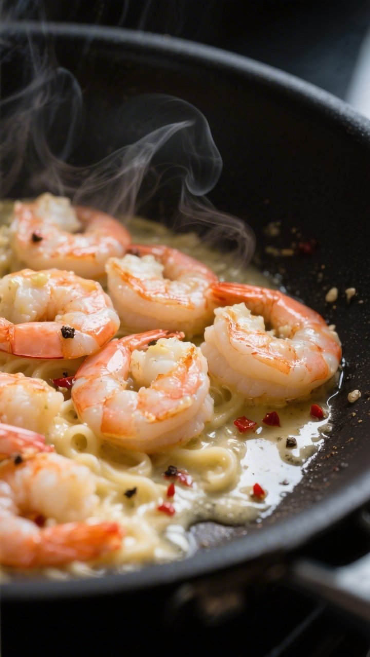 Close-up detail: Searing shrimp for Keto Million Dollar Shrimp Alfredo in a black skillet, shrimp ju