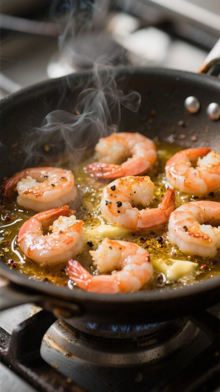 Close-up detail: Searing shrimp in a large skillet, cooked to just-pink and opaque with light carame