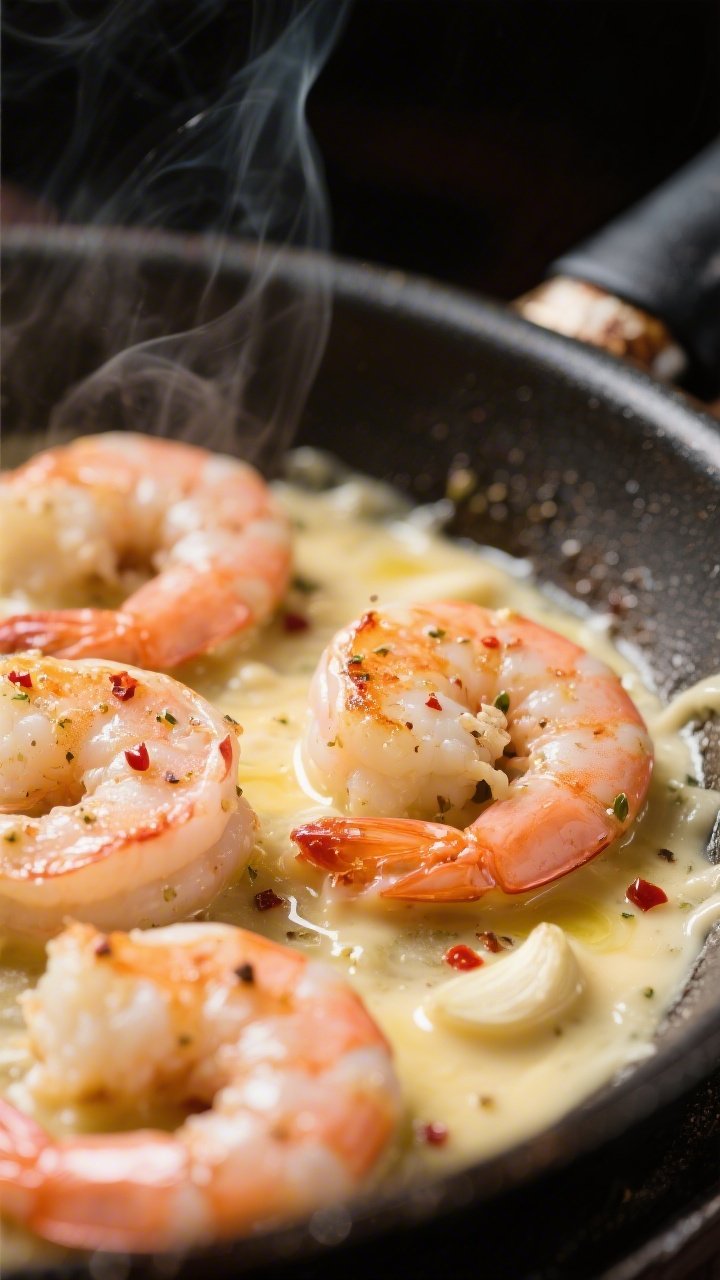 Close-up detail: Searing shrimp in a skillet just after flipping, coated in glossy Alfredo base with
