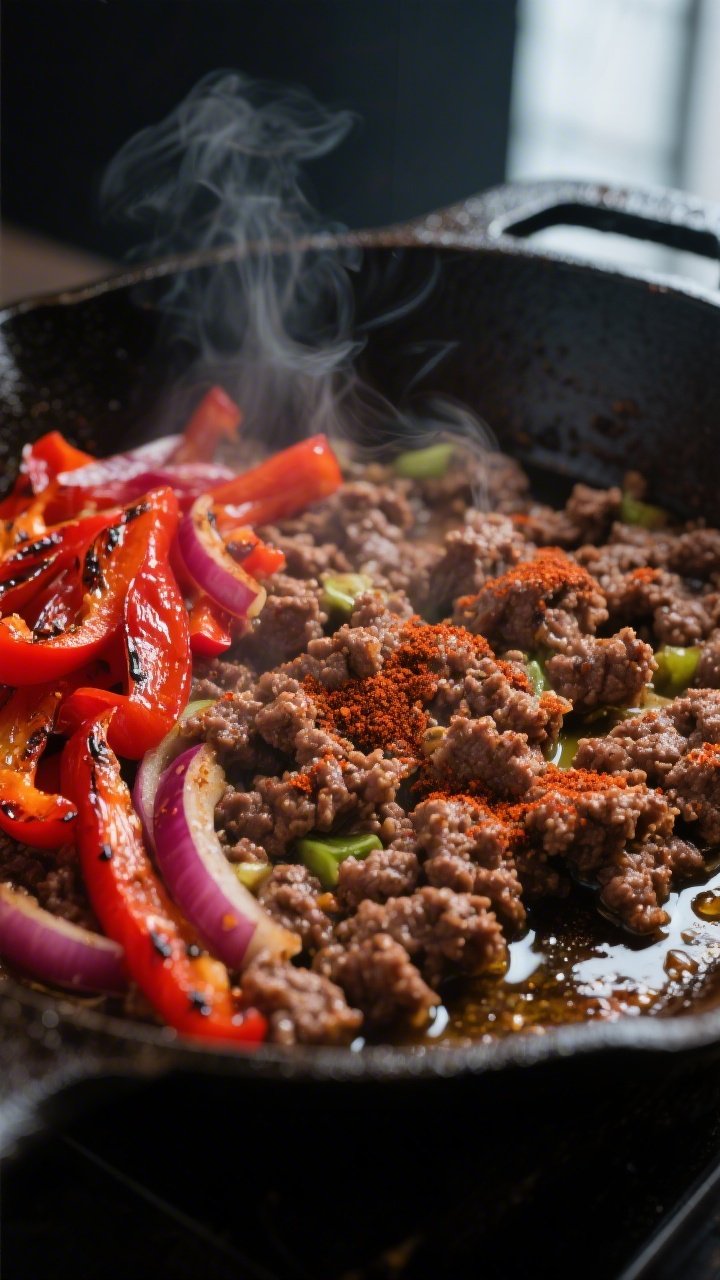 Close-up detail: Seasoned ground beef sizzling in a cast-iron skillet, richly browned with visible c