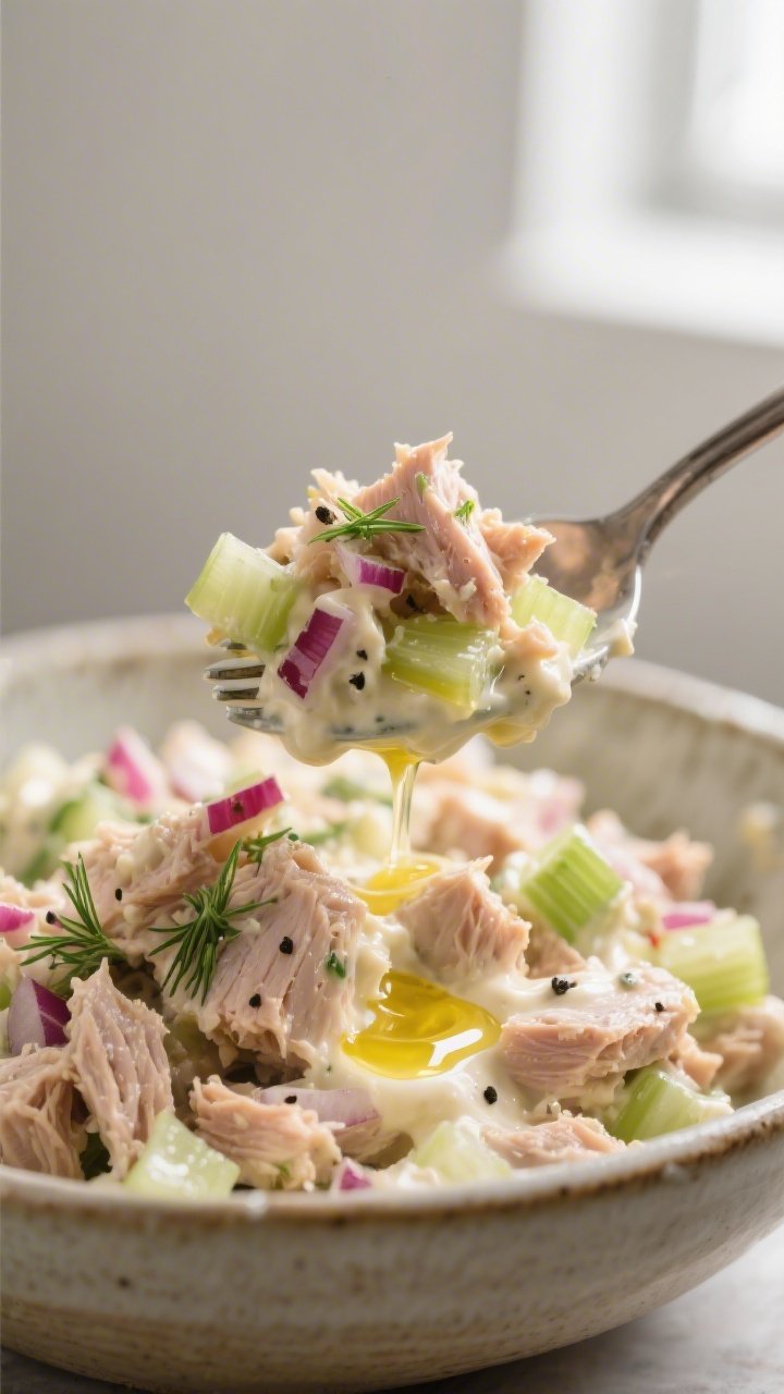 Close-up detail shot: A heaping spoonful of creamy tuna salad just folded together in a ceramic mixi