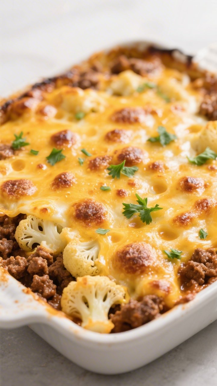 Close-up detail shot: Golden, bubbly cheese layer on the Cheesy Beef and Cauliflower Bake just out o