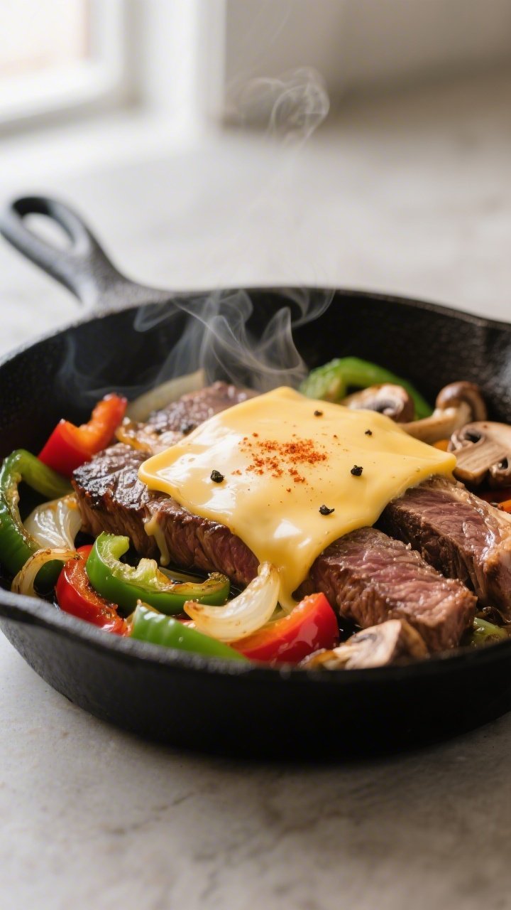 Close-up detail shot: Melted provolone blanketing sizzling strips of seared ribeye with sautéed gre