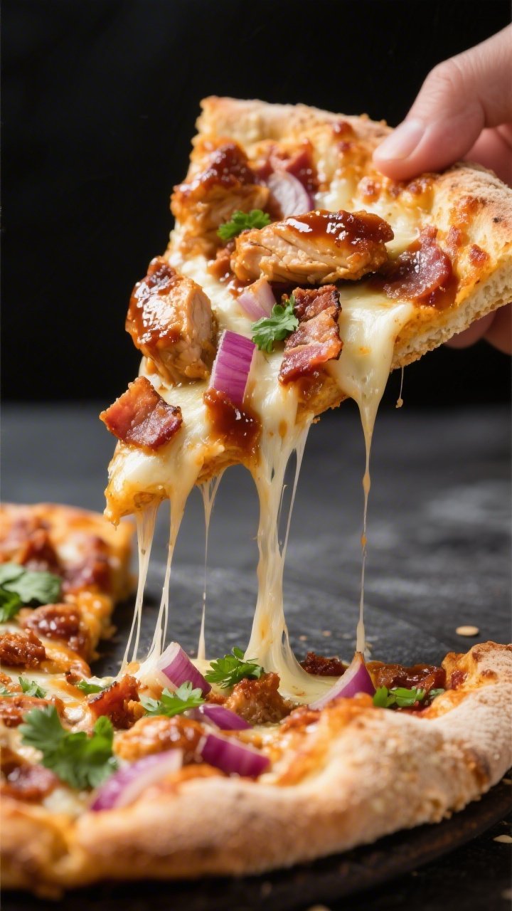 Close-up detail shot of a freshly baked keto BBQ chicken pizza slice being lifted from the pie, show