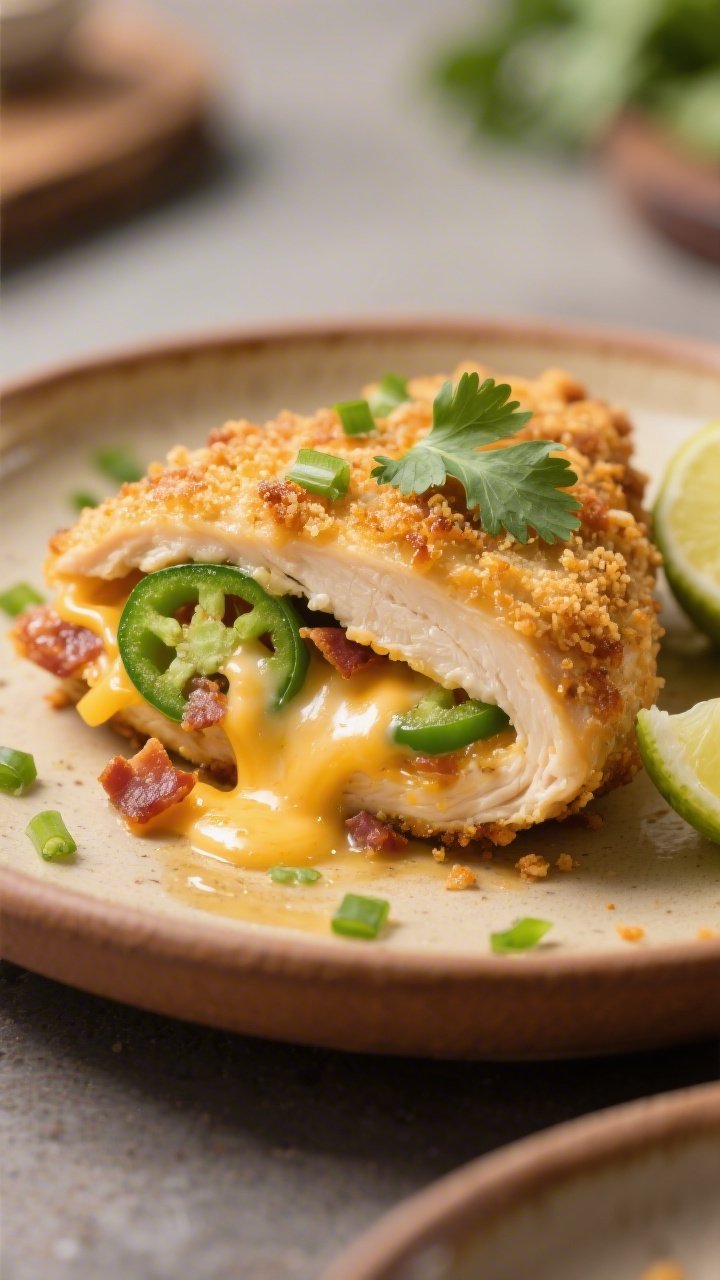 Close-up detail shot of a sliced Cheesy Jalapeño Popper Chicken breast on a warm ceramic plate, sho