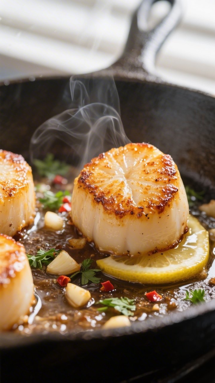 Close-up detail shot of golden-brown, pan-seared sea scallops just after flipping in a cast-iron ski