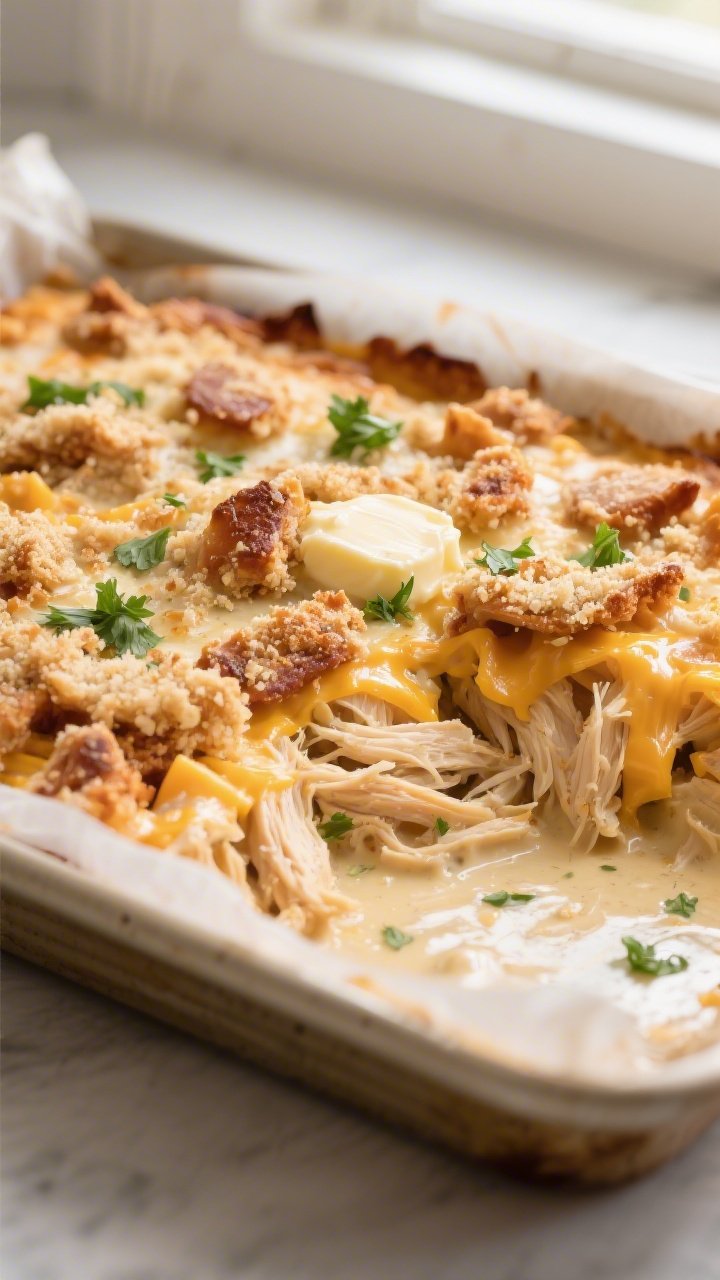 Close-up detail shot of the baked keto million dollar chicken casserole just out of the oven: bubbli