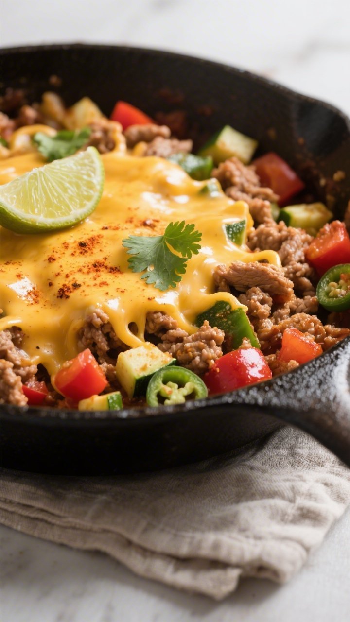 Close-up detail shot of the finished keto turkey taco skillet in the pan right after melting: gooey 