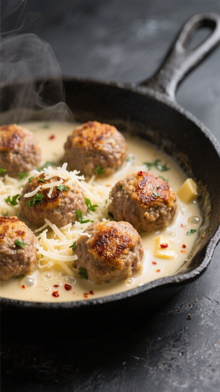 Close-up detail shot: Seared keto meatballs nestled in a gently simmering creamy Parmesan sauce in a