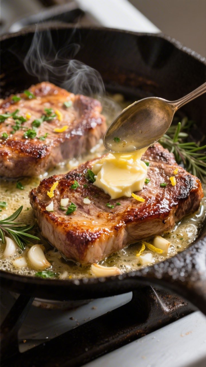 Close-up detail shot: Sizzling garlic herb butter basting over golden-seared pork chops in a cast-ir