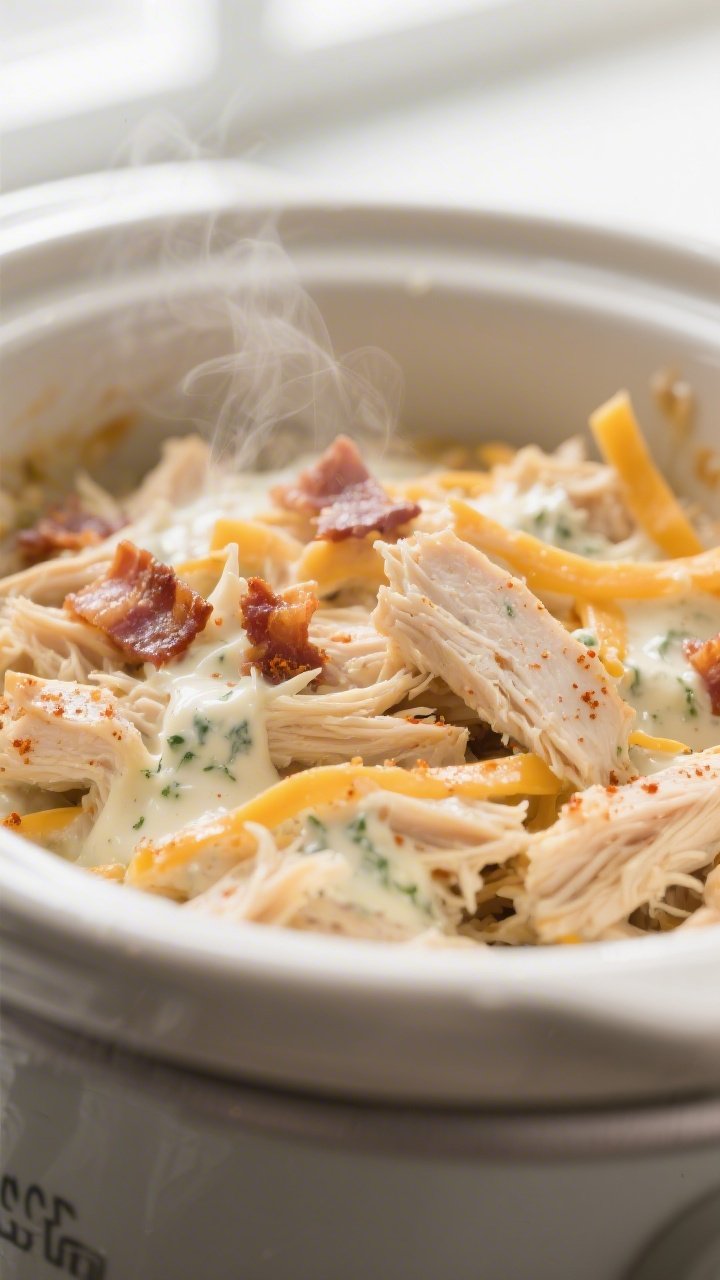 Close-up detail shot: Slow cooker filled with tender, just-shredded Keto Crack Chicken coated in mel