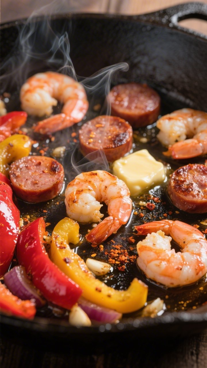 Close-up detail: Sizzling Cajun shrimp and andouille sausage coins in a cast-iron skillet mid-cook,