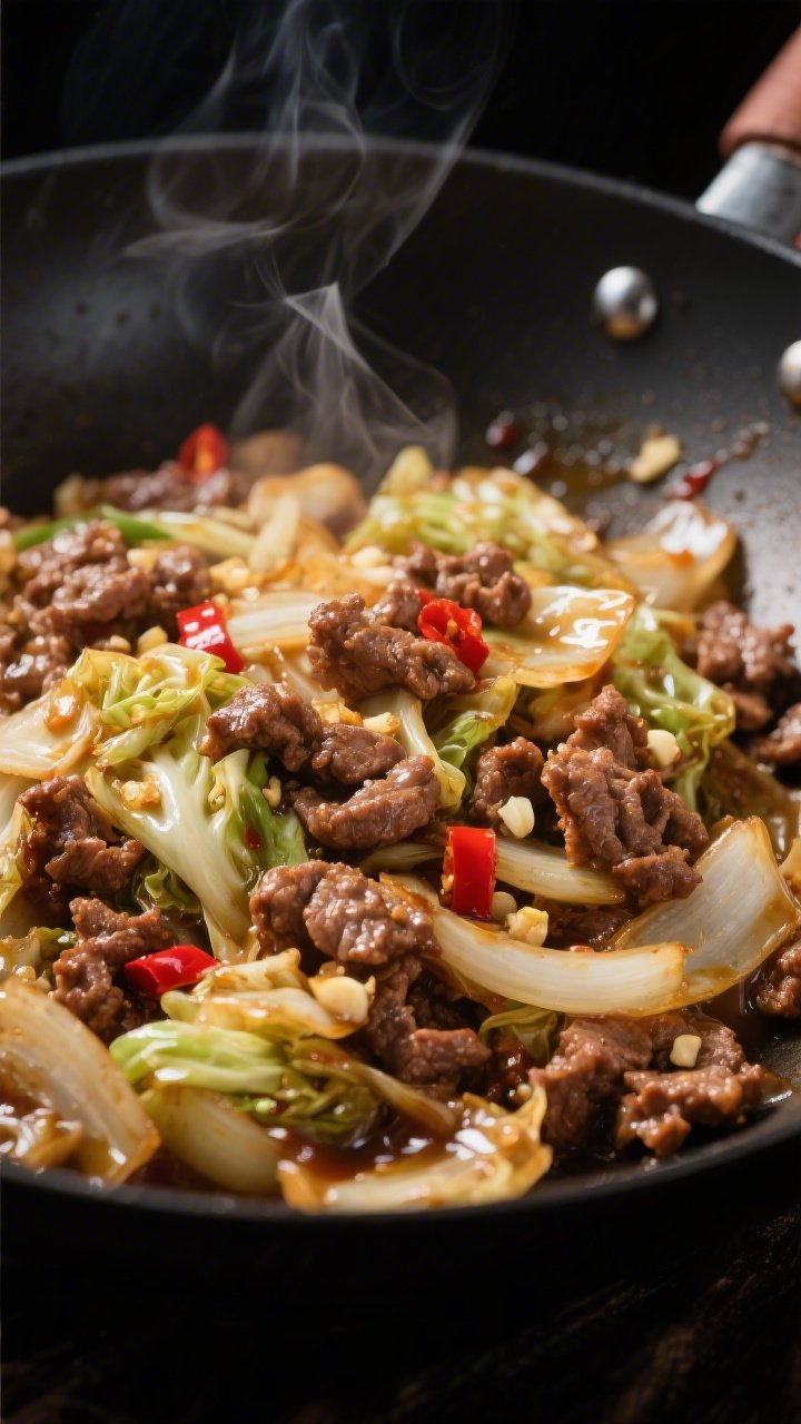 Close-up detail: Sizzling ground beef and cabbage stir fry mid-cook in a wok, showing crisp-edged be