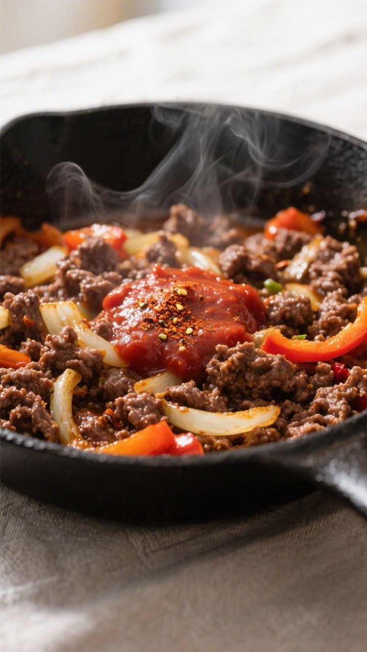 Close-up detail: Sizzling ground beef and sautéed onions and bell peppers in a large skillet, tomat
