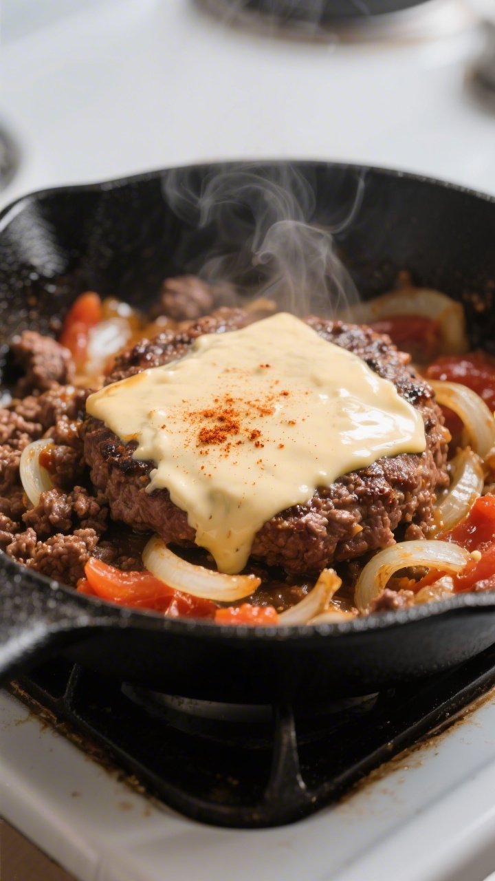 Close-up detail: Sizzling keto cheeseburger skillet mid-cook, showing deeply browned crumbles of 80/