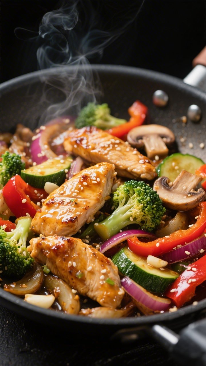 Close-up detail: Sizzling keto chicken stir fry in a wok at the “bring it together” stage—juic