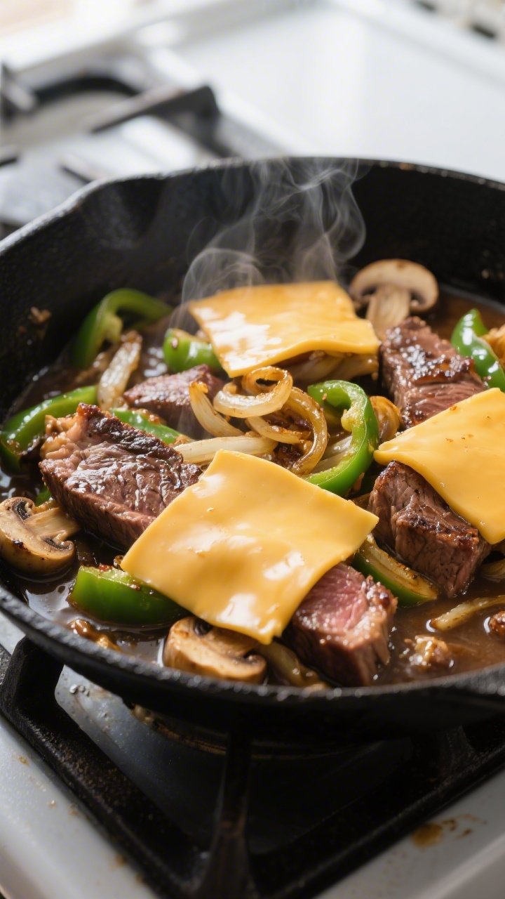 Close-up detail: Sizzling keto Philly cheesesteak in a black cast-iron skillet during the combine st