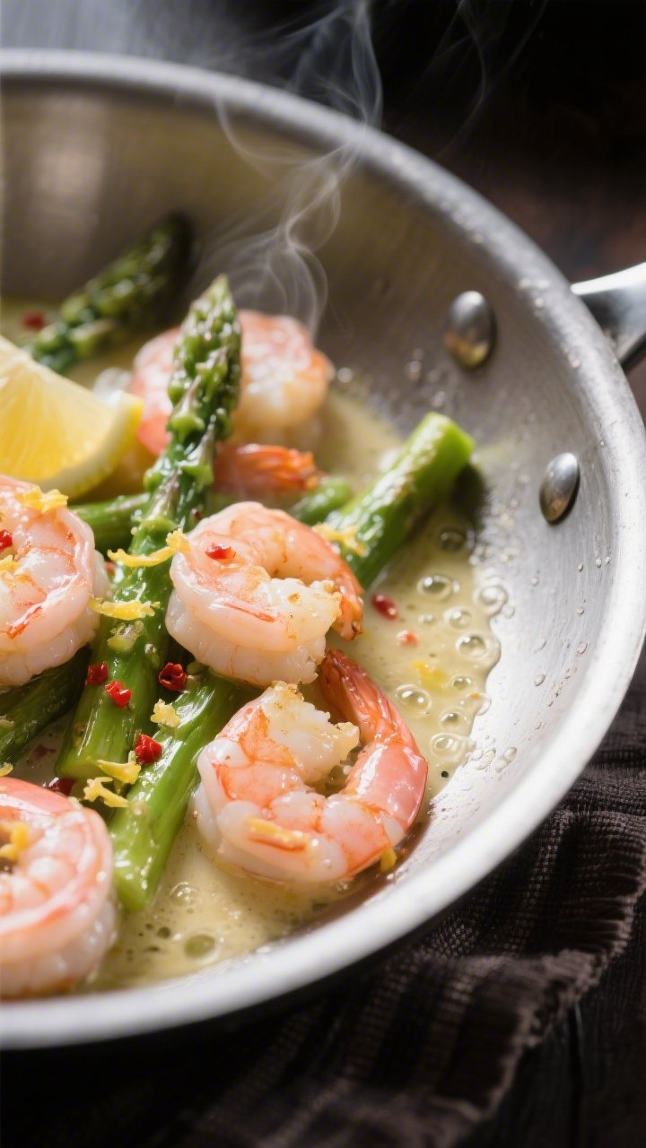Close-up detail: Sizzling lemon-garlic butter sauce coating pink, just-opaque shrimp and crisp-tende