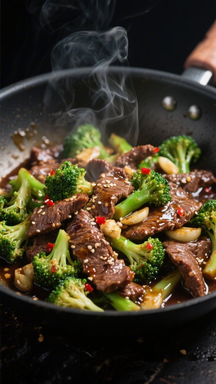 Close-up detail: Sizzling low carb beef and broccoli stir fry mid-cook in a wok, thinly sliced brown