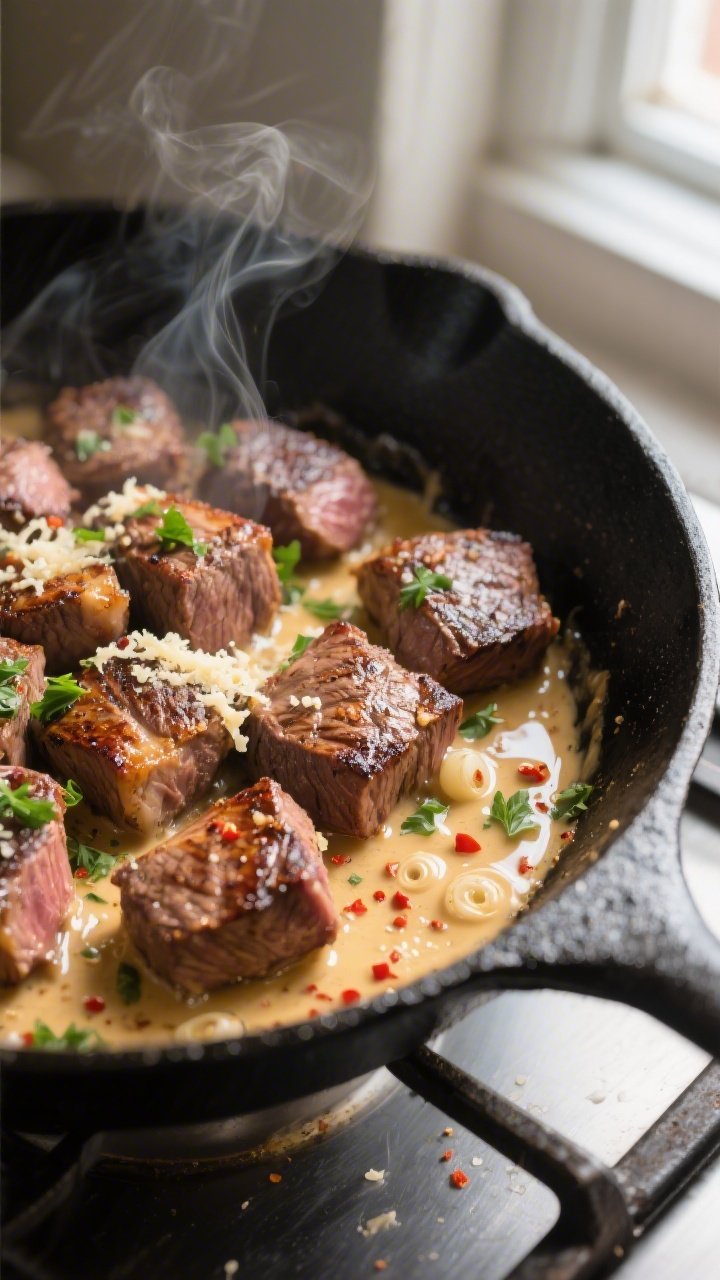 Close-up detail: Sizzling seared steak bites in a black cast-iron skillet, golden-brown crust with v