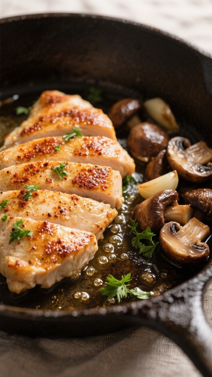 Close-up detail: Sliced chicken cutlets in a skillet just after searing, showing a deep golden-brown