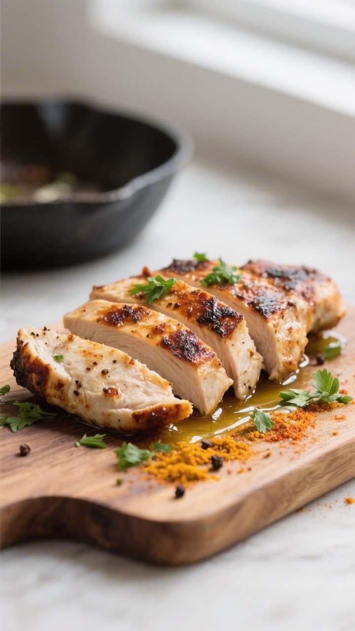 Close-up detail: Sliced chicken shawarma fresh from the skillet, deeply browned edges with visible s