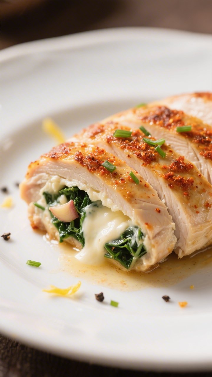 Close-up detail: Sliced cream cheese stuffed chicken breast just out of the oven, showing the juicy,