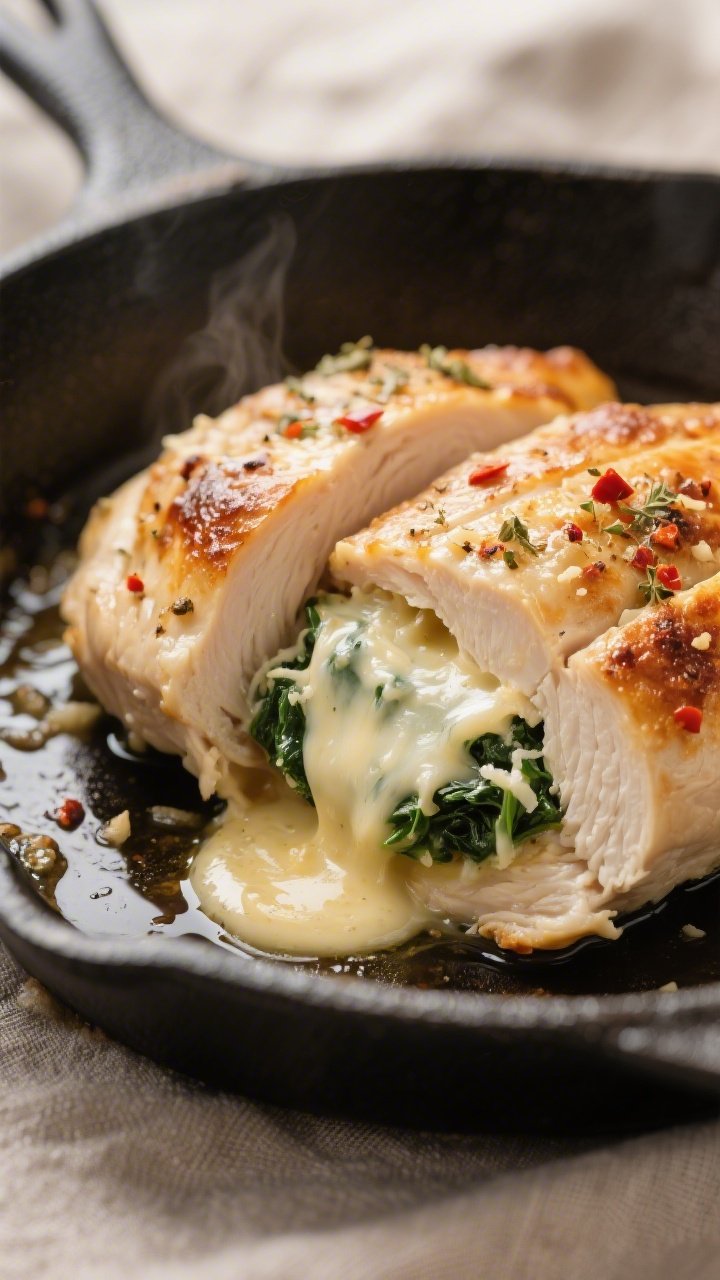 Close-up detail: Sliced keto Alfredo stuffed chicken breast just after resting, showing juicy white 