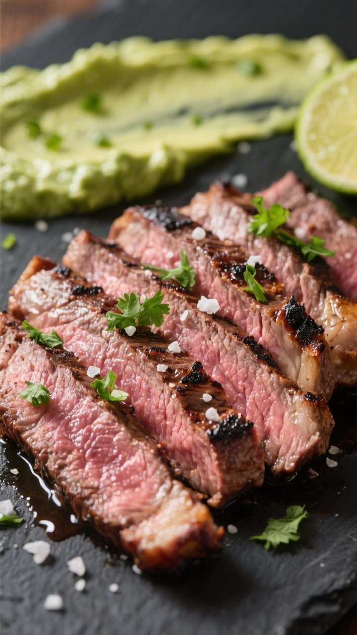 Close-up detail: Sliced medium-rare carne asada just after resting, thin ribbons cut against the gra