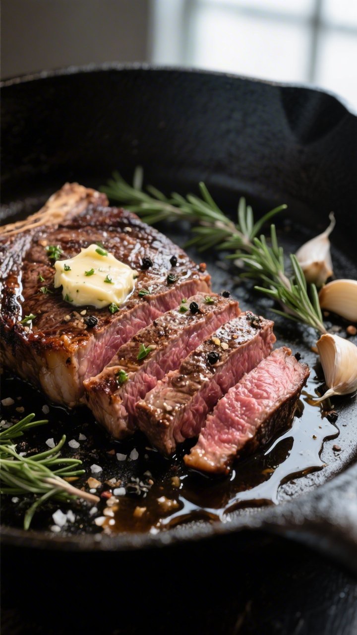 Close-up detail: Sliced medium-rare ribeye with a deep steakhouse crust, glistening with garlic-herb