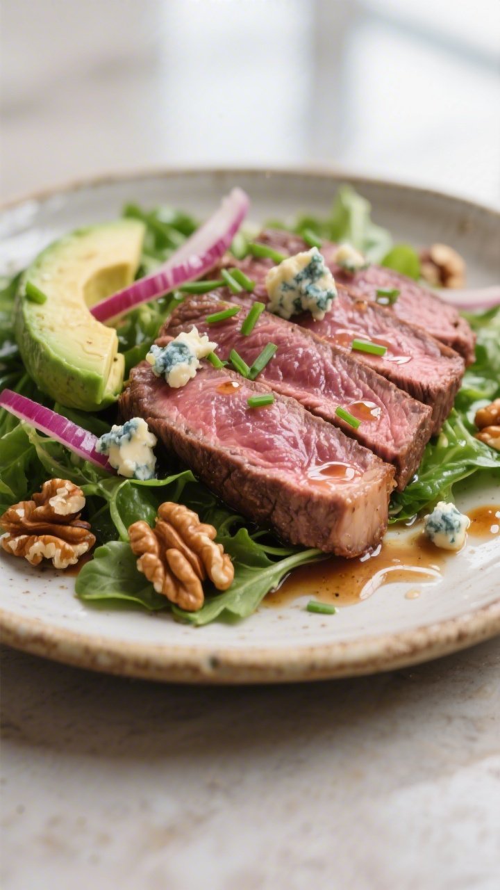 Close-up detail — Sliced medium-rare steak fanned over dressed mixed greens: ultra-close shot high