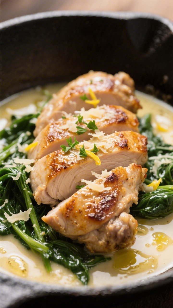 Close-up detail: Sliced seared chicken thighs nestled in glossy garlic butter sauce with just-wilted