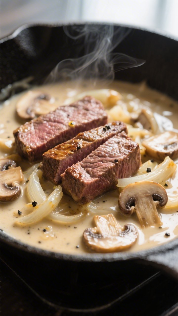 Close-up detail: Slices of seared beef nestled in a silky mushroom stroganoff sauce, with golden-bro