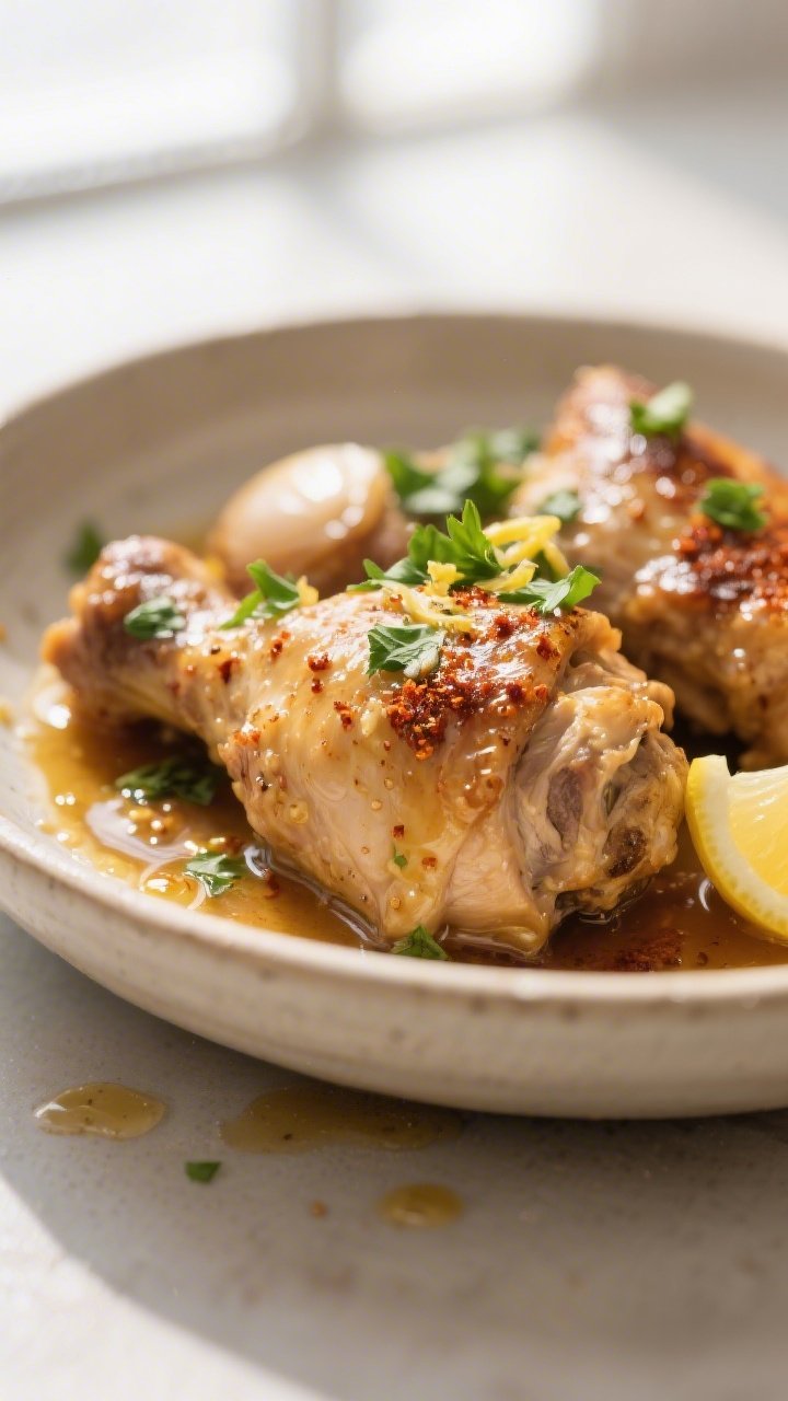 Close-up detail: Tender slow-cooked chicken thighs bathed in glossy garlic-butter sauce, visible fle