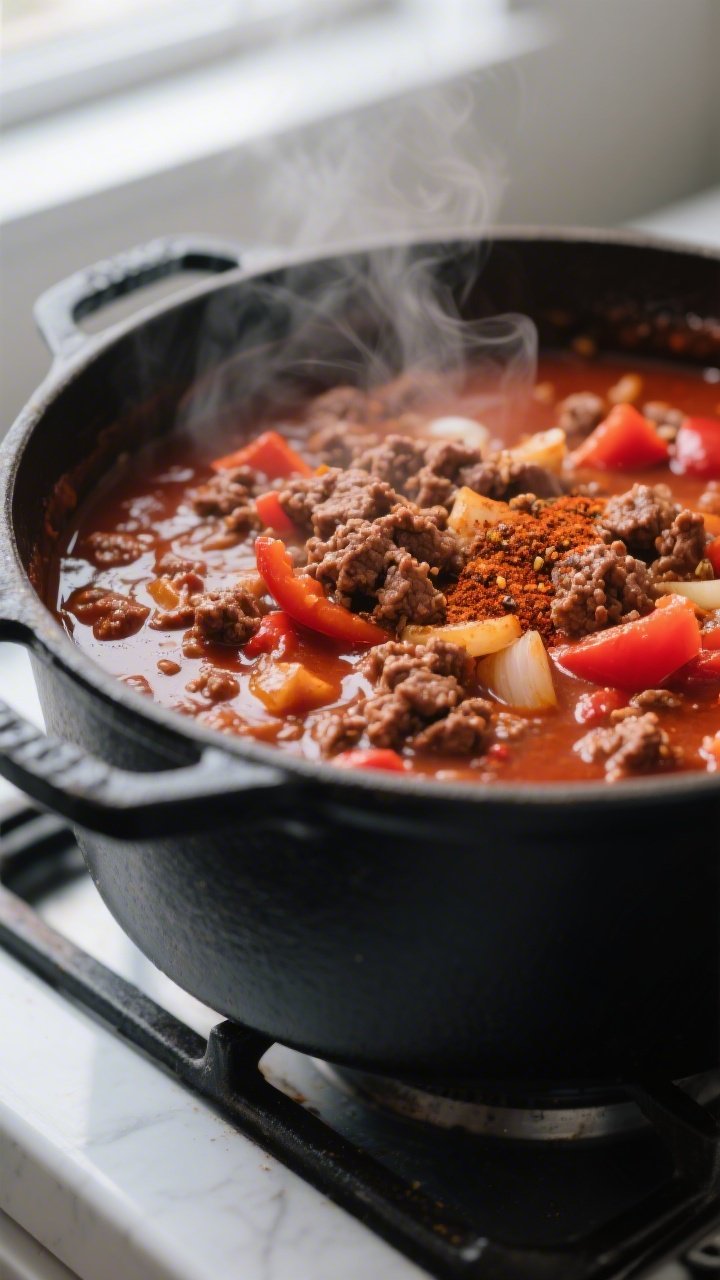 Close-up detail: Thick, simmered keto no-bean chili bubbling in a matte black Dutch oven, showing cr