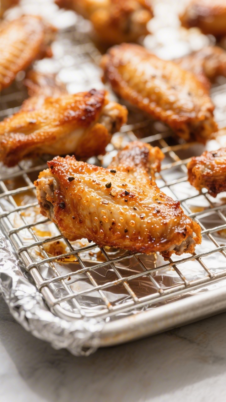 Close-up detail: Ultra-crisp oven-baked chicken wings just out of the oven on a wire rack over a foi