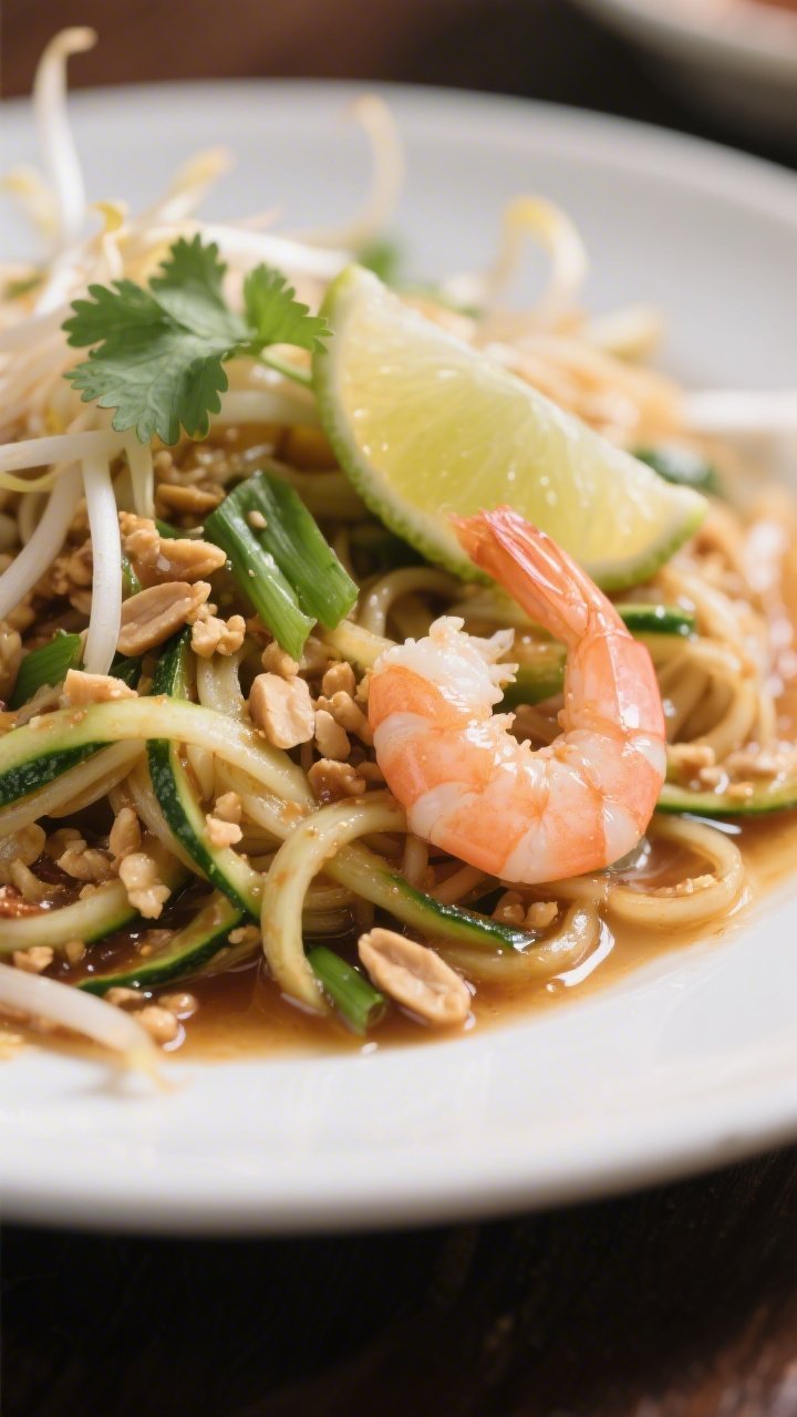 Close-up detail — Ultra-tight macro of plated Zucchini Noodle Pad Thai highlighting texture: glist