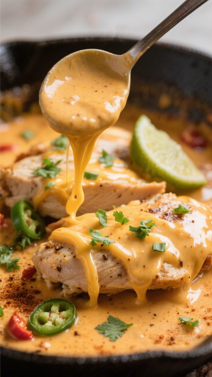 Close-up queso pour, creamy detail: Ultra close-up of velvety queso sauce being spooned over cooked 