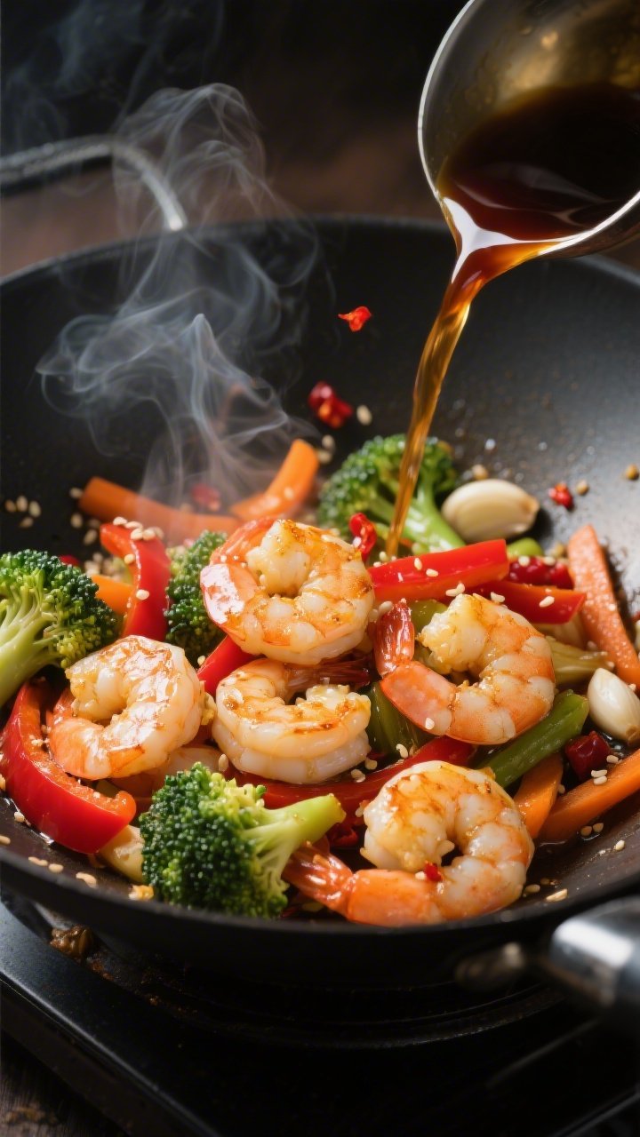 Cooking process, action close-up: Garlic shrimp stir fry in a sizzling wok, shrimp just turned opaqu