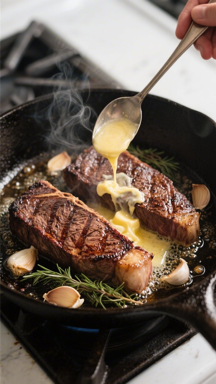 Cooking process action: Overhead shot of two seared New York strips in a sizzling cast-iron skillet 