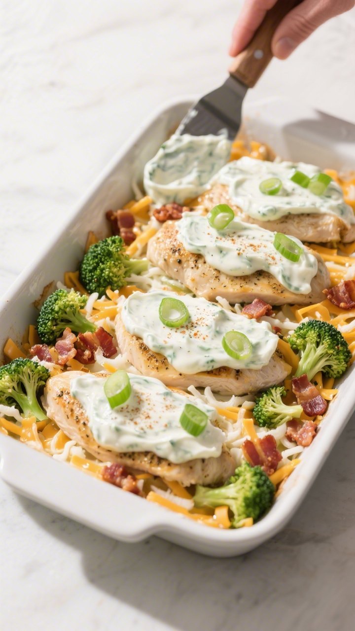 Cooking process: Assembling the bake in a 9x13-inch dish—flattened, seasoned chicken breasts laid