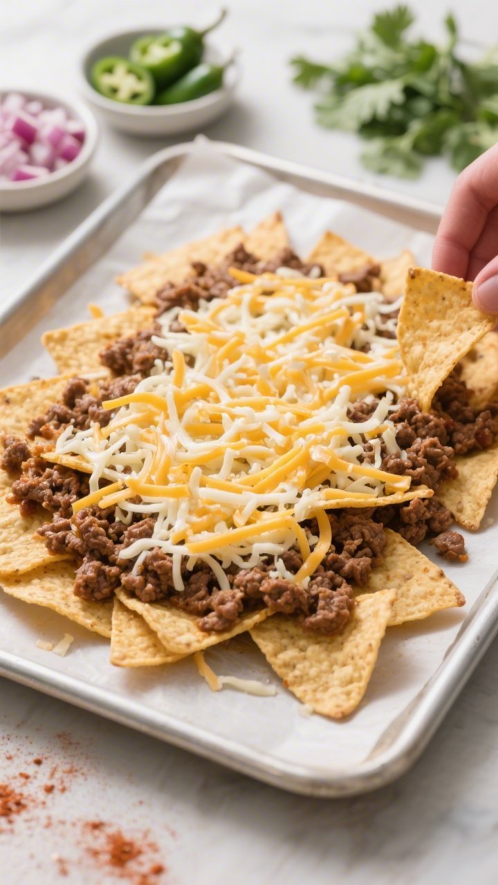 Cooking process: Assembling the nacho base on a parchment-lined, oven-safe sheet—crisp cheese chip
