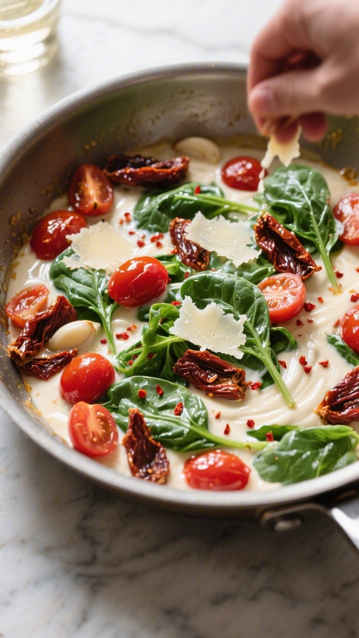 Cooking process: Building the creamy Tuscan sauce in-pan—sun-dried tomatoes and halved cherry toma