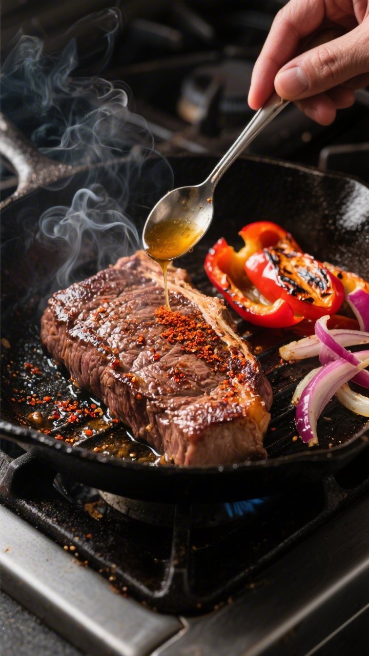 Cooking process: Carne asada searing on a ripping-hot cast-iron skillet, visible Maillard crust form