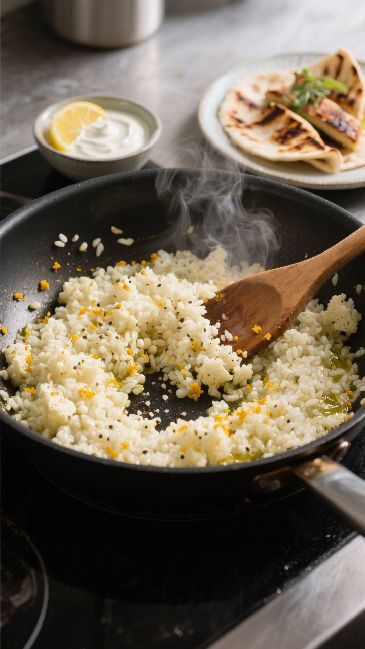Cooking process: Cauliflower rice being sautéed in a large black skillet, steam rising lightly; ten