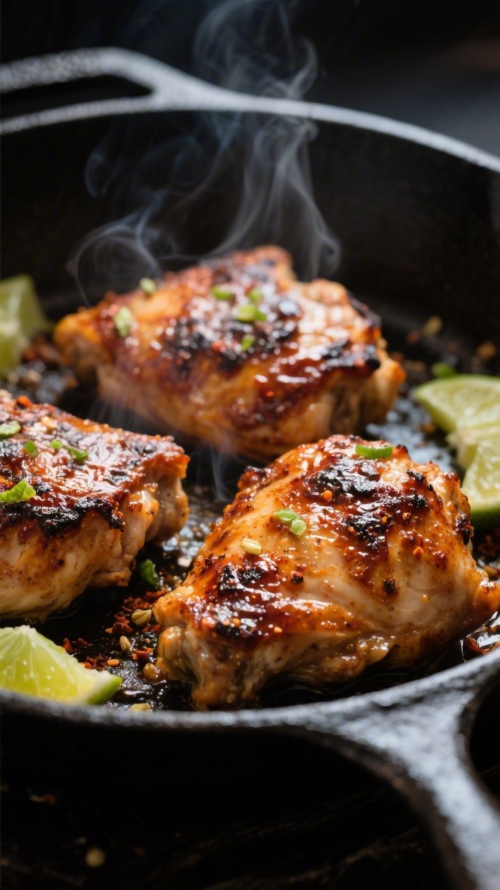 Cooking process — chipotle chicken sear: Juicy chipotle-lime marinated chicken thighs sizzling in 